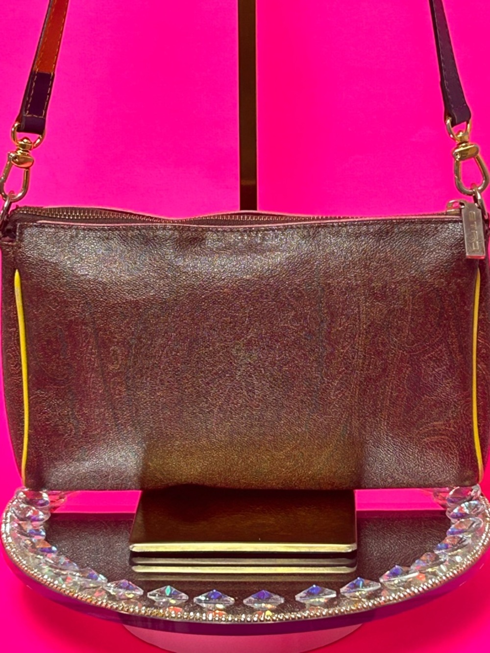 Etro Leather Crossbody Bag with Yellow Trim Approx. 11 x 7 x 2